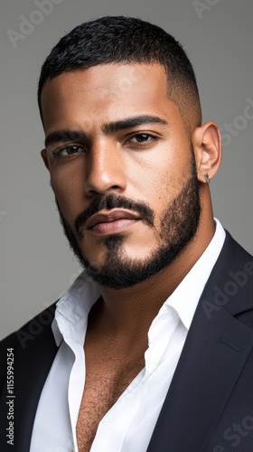 A man with a beard wearing a black suit and white shirt