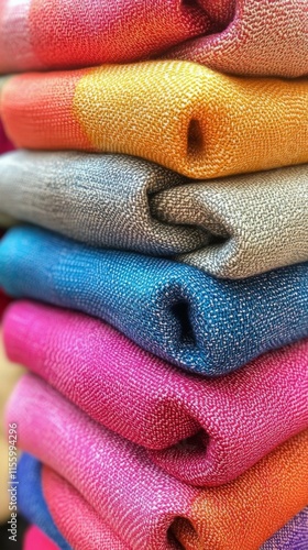 Vibrant collection of folded fabrics displayed on a wooden table in a warmly ...