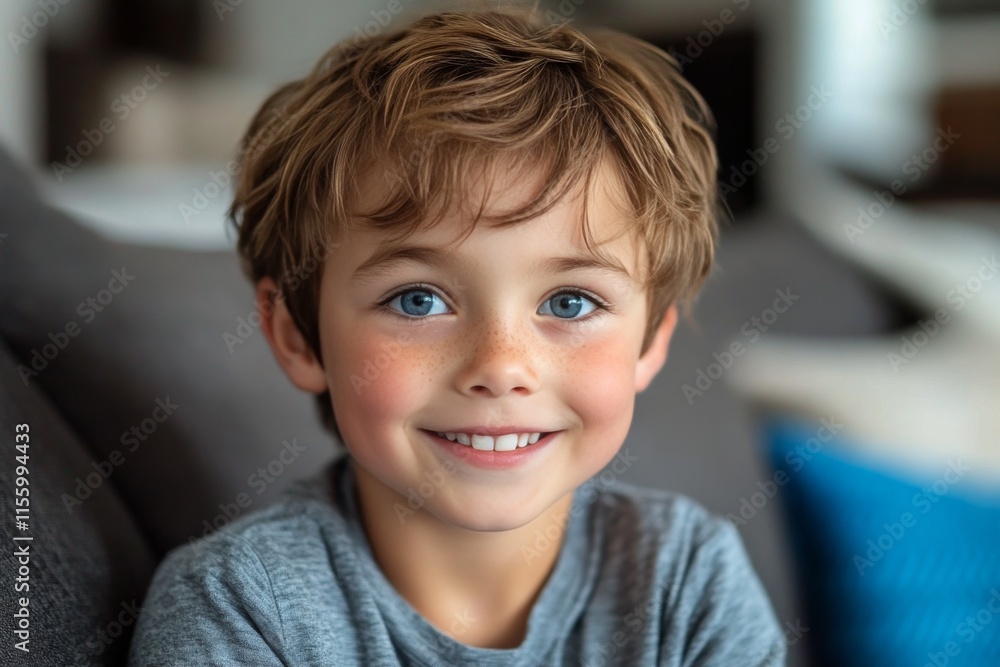 Young child with curly hair smiling and raising arms in a cozy setting indoors Young child with curly hair smiling and raising arms in a cozy setting indoors