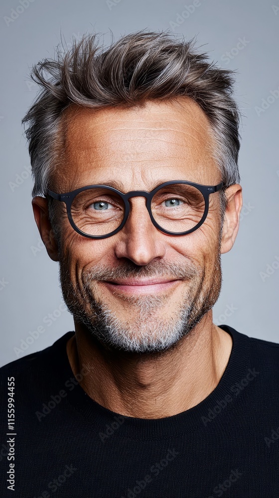 A man with grey hair and glasses smiles at the camera A man with grey hair and glasses smiles at the camera