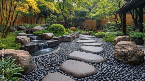 Serene garden path with stones and water feature surrounded by bamboo