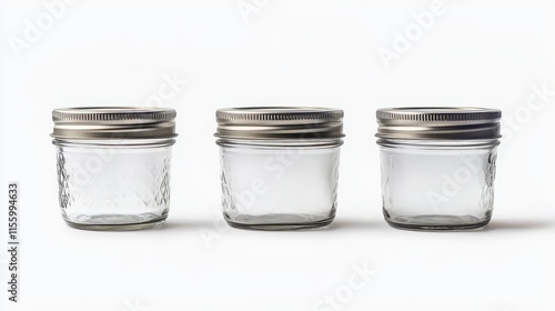 A set of four small mason jars with lids on a white isolated background photo