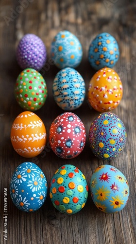 Colorful handmade Easter eggs arranged on a wooden surface for a vibrant spri...