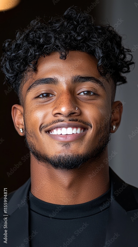 A man with curly hair smiling at the camera A man with curly hair smiling at the camera