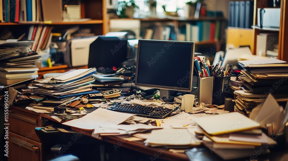 Messy and cluttered office desk with copy space Messy and cluttered office desk with copy space