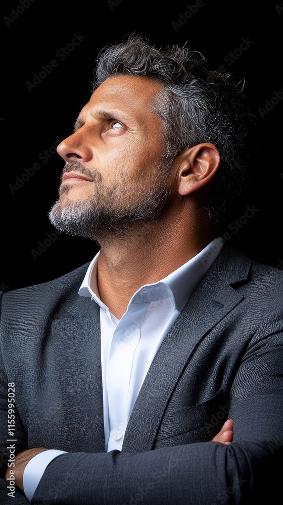 A man in a suit with his arms crossed looking up A man in a suit with his arms crossed looking up