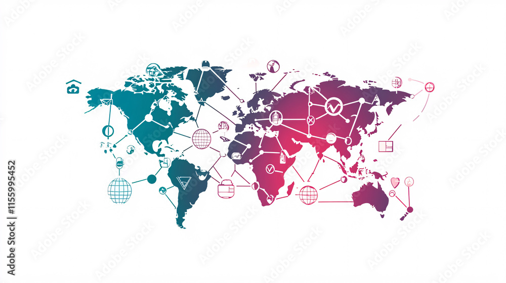 Obraz premium a tech-inspired world map with vibrant purple and teal nodes connected by lines representing global networks on white 