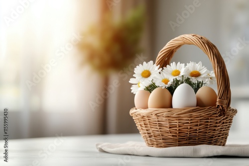 spring table decor, a charming dining table adorned with spring floral dcor, painted easter eggs, and a daisy basket under soft sunlight, with room for text photo