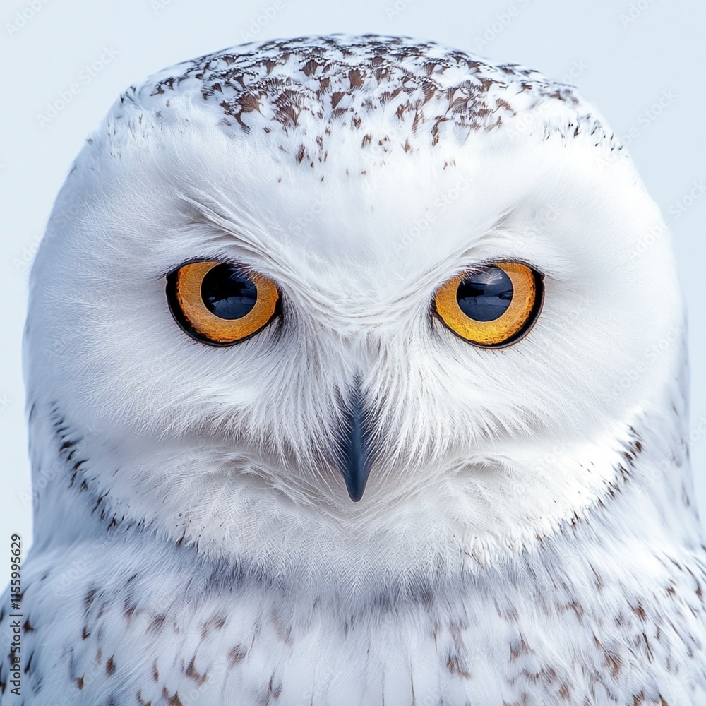 Obraz premium A close-up of a snowy owl set against a white background.