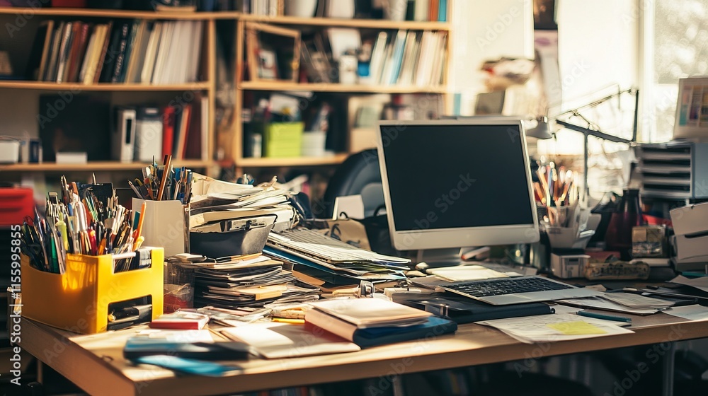 Messy and cluttered office desk with copy space Messy and cluttered office desk with copy space