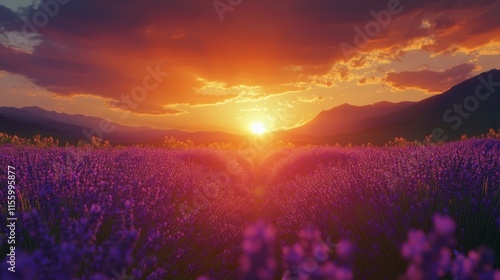 Vibrant sunset over lavender fields with a colorful sky and blooming flowers