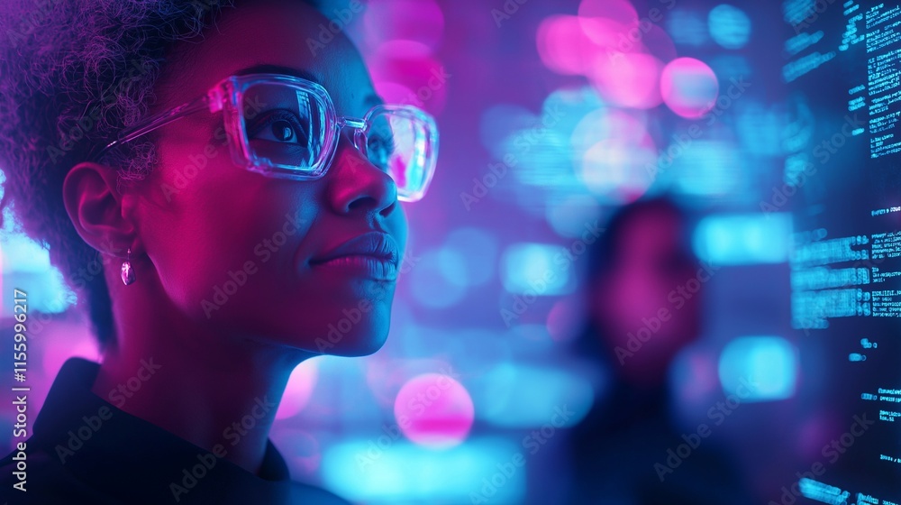 Female developer, woman collaborating on futuristic technology projects, digital screens displaying holograms and coding. The innovation, technological advancements, tech business. neon light Female developer, woman collaborating on futuristic technology projects, digital screens displaying holograms and coding. The innovation, technological advancements, tech business. neon light