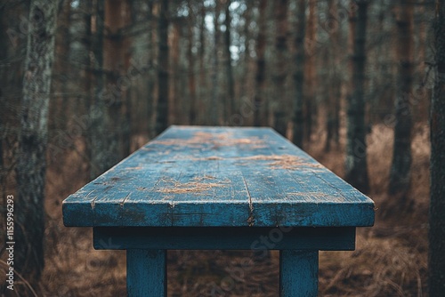 Wooden table and benches in a peaceful forest clearing surrounded by trees