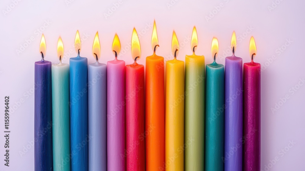 A set of colorful candles arranged symmetrically on a white isolated background A set of colorful candles arranged symmetrically on a white isolated background
