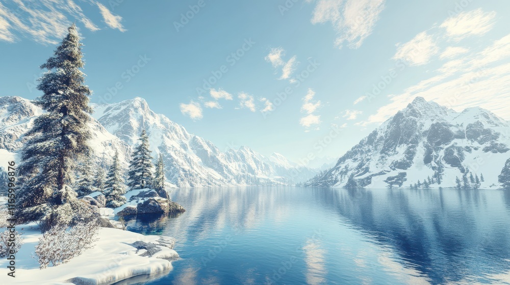 Crater Lake in the winter with snow covered mountains in the background Crater Lake in the winter with snow covered mountains in the background