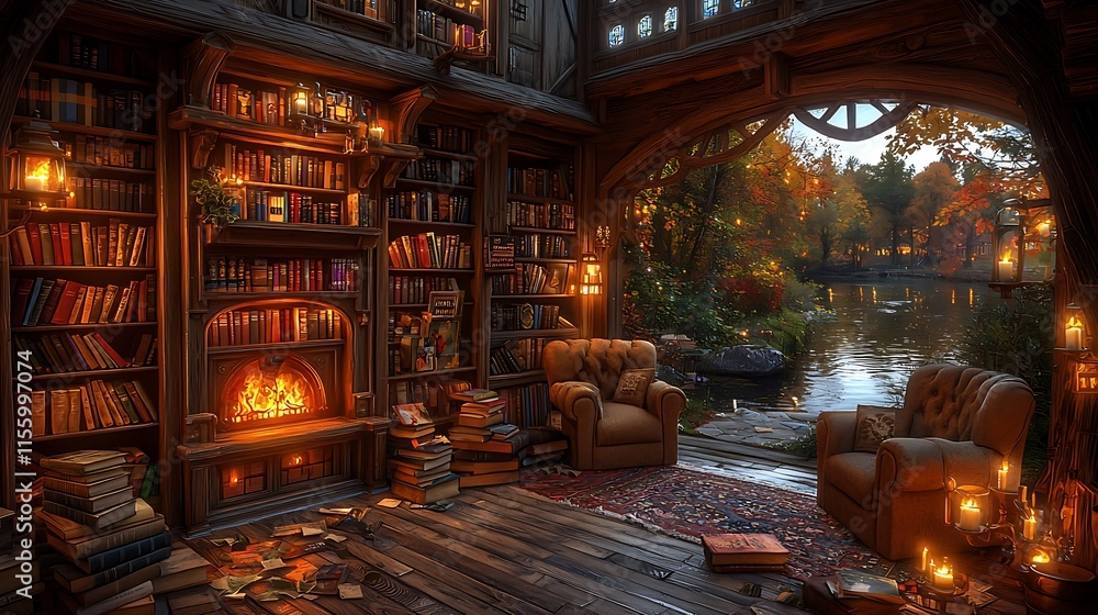 Cozy Autumn Library Overlooking Serene Lake Cozy Autumn Library Overlooking Serene Lake