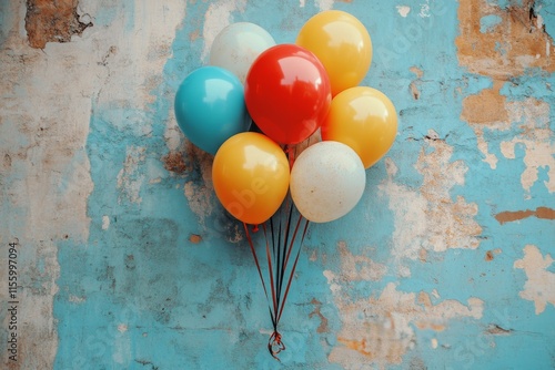 Colorful balloons on a weathered wall create a playful atmosphere in bright d...
