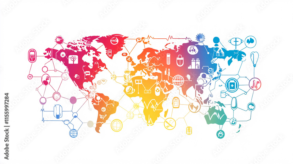 Obraz premium Colorful world map illustration with interconnected icons representing global networks communication and digital connectivity 
