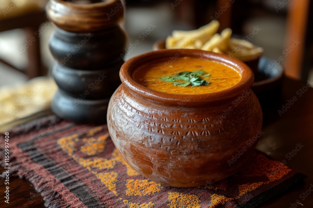 Fototapeta premium Traditional Indian Soup in a Rustic Clay Pot
