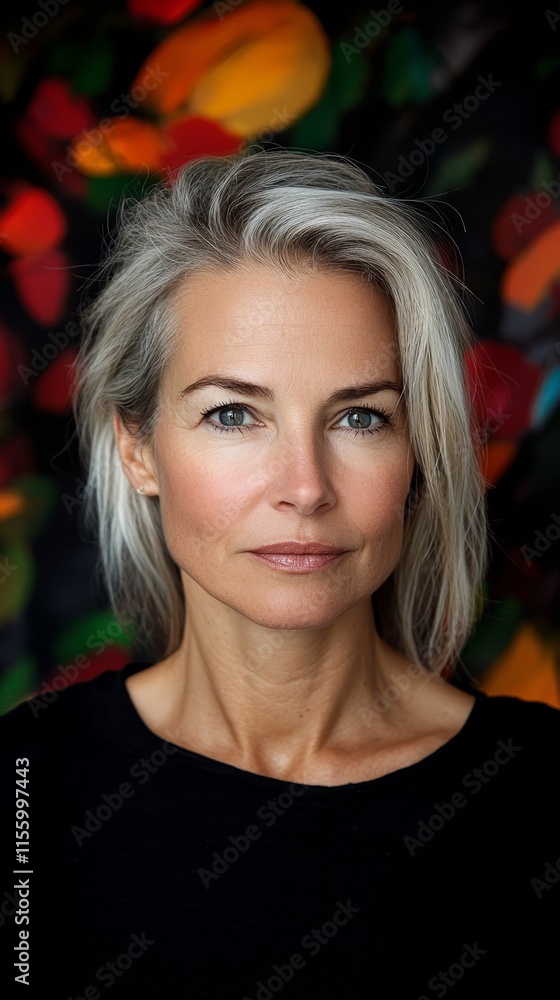 Fototapeta premium A woman with grey hair and a black shirt