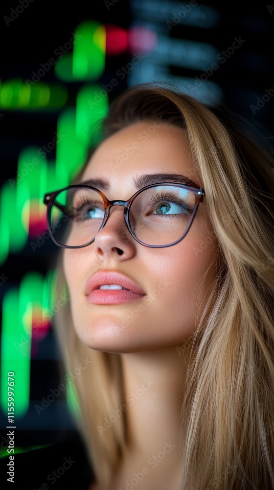 A woman wearing glasses looking up at a stock market chart A woman wearing glasses looking up at a stock market chart