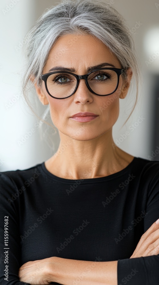 A woman wearing glasses with her arms crossed A woman wearing glasses with her arms crossed
