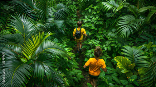 Trail runner navigating lush jungle pathway nature adventure elevated perspective photo