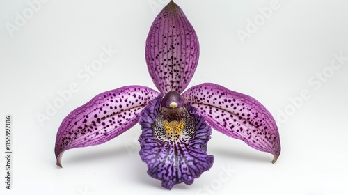 A single purple orchid flower with vivid colors on a white isolated background