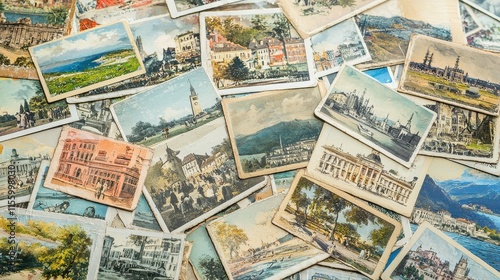 A collection of vintage postcards spread across a white  background