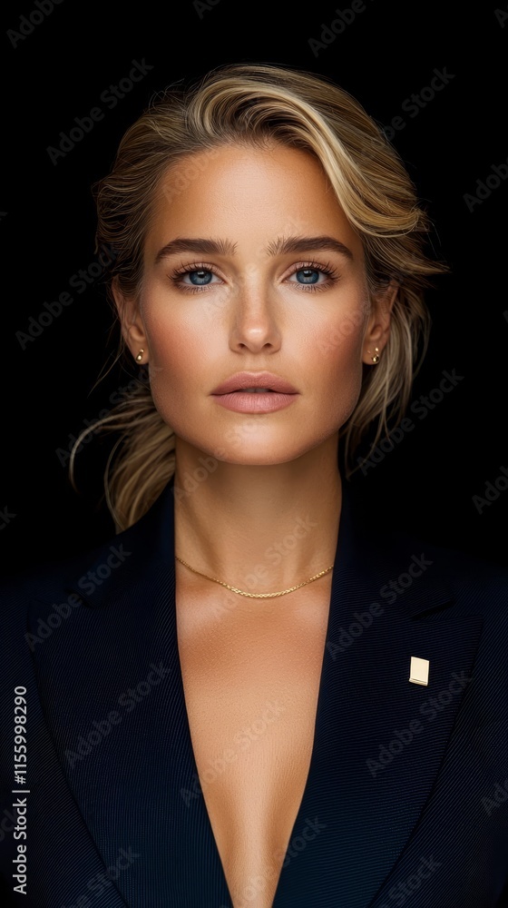 A woman wearing a black suit and a gold necklace A woman wearing a black suit and a gold necklace
