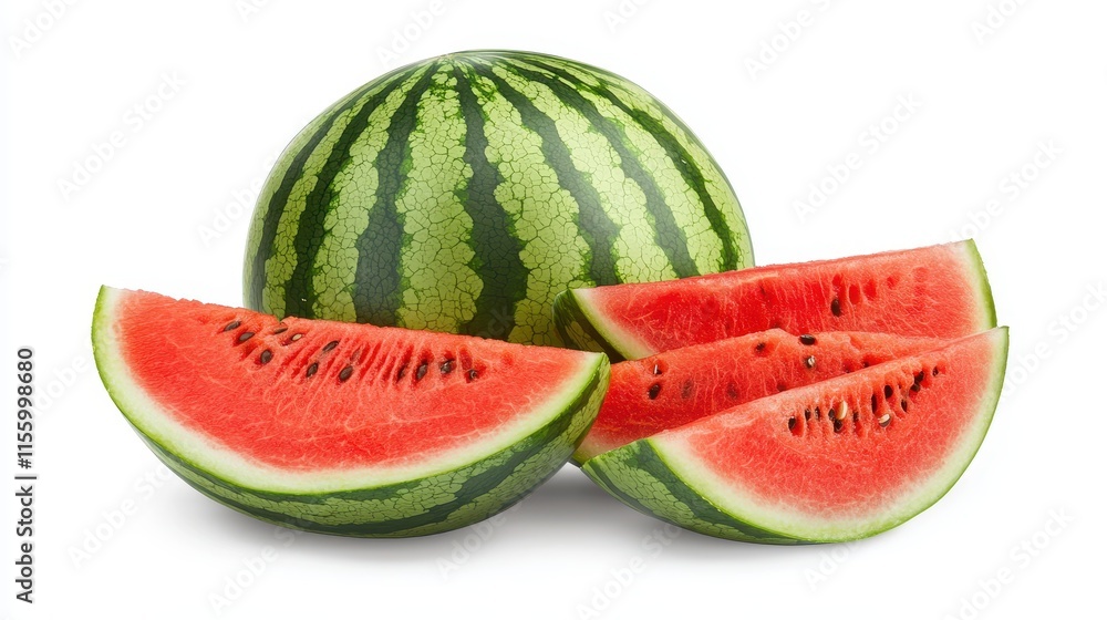 A fresh watermelon sliced into pieces on a white isolated background A fresh watermelon sliced into pieces on a white isolated background