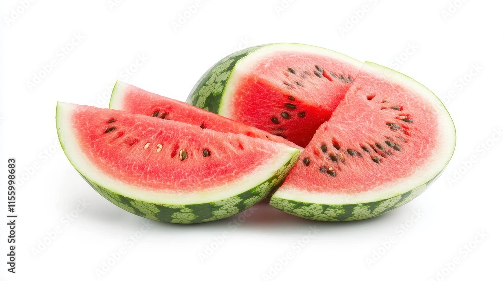 A fresh watermelon sliced into pieces on a white isolated background A fresh watermelon sliced into pieces on a white isolated background
