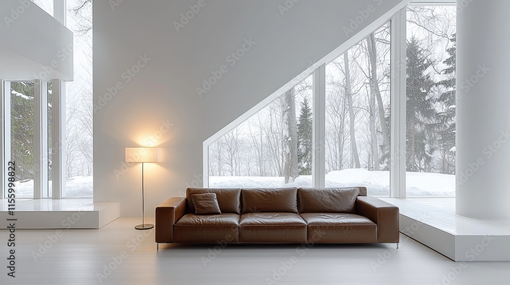Fototapeta premium Modern Minimalist Living Room with Large Windows Overlooking a Snowy Forest Landscape and Elegant Brown Leather Sofa