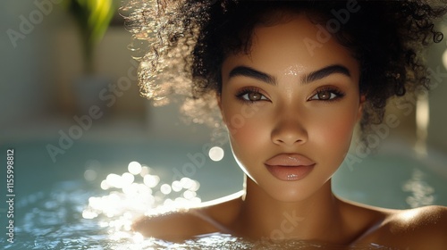 Woman with curly hair in a serene water setting during golden hour