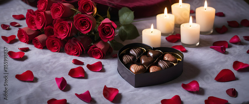 Romantic Setting with Heart-Shaped Chocolates and Candlelight photo