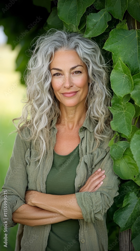 A woman with long gray hair standing in front of a tree A woman with long gray hair standing in front of a tree