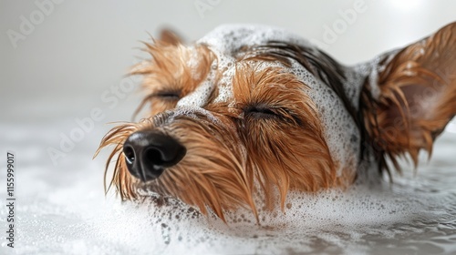 Yorkshire Terrier enjoys a bath with soap and bubbles in a grooming salon