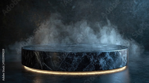 Elegant Black Marble Pedestal with Atmospheric Smoke and Subtle Lighting in a Dark Studio Setting