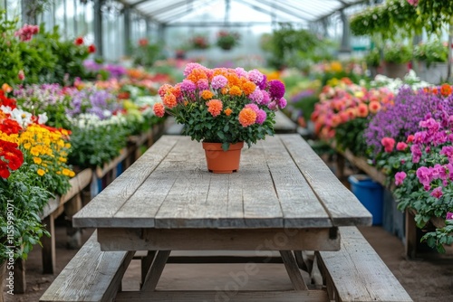 Vibrant flower greenhouse featuring a rustic wooden table and colorful blooms