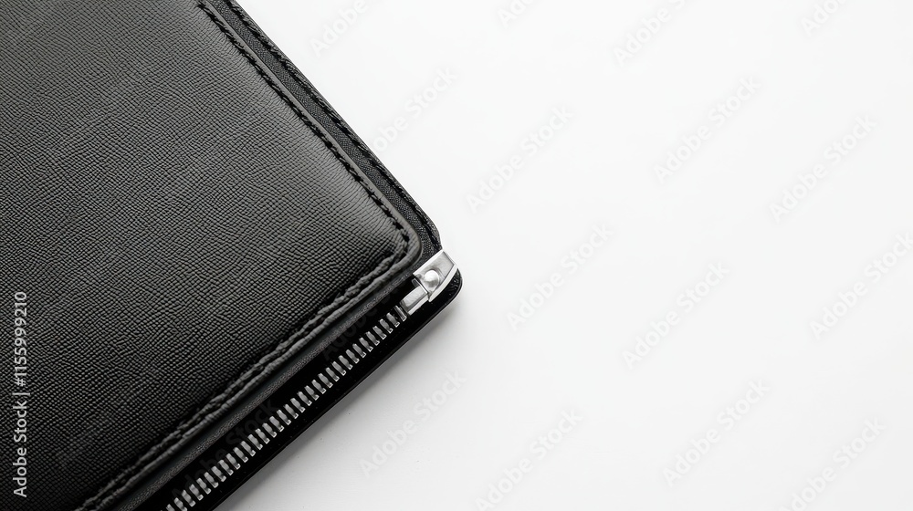 A stylish black wallet with a zipper and minimalistic design on a white isolated background A stylish black wallet with a zipper and minimalistic design on a white isolated background