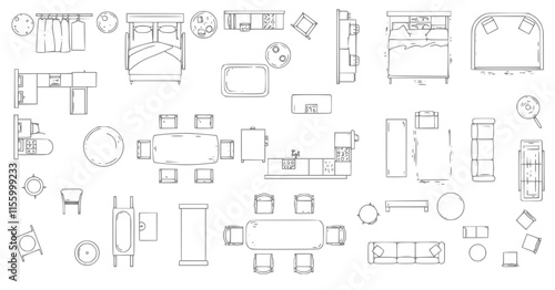 Top view of set furniture elements outline symbol for dining room, office, cafe, kitchen and living room. Interior icon chair, sink, table and sofa.