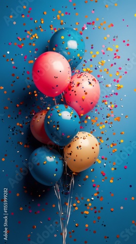 Colorful balloons and confetti create a festive atmosphere for celebration or...