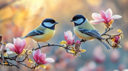 Two small birds perched on a branch surrounded by blooming magnolia flowers