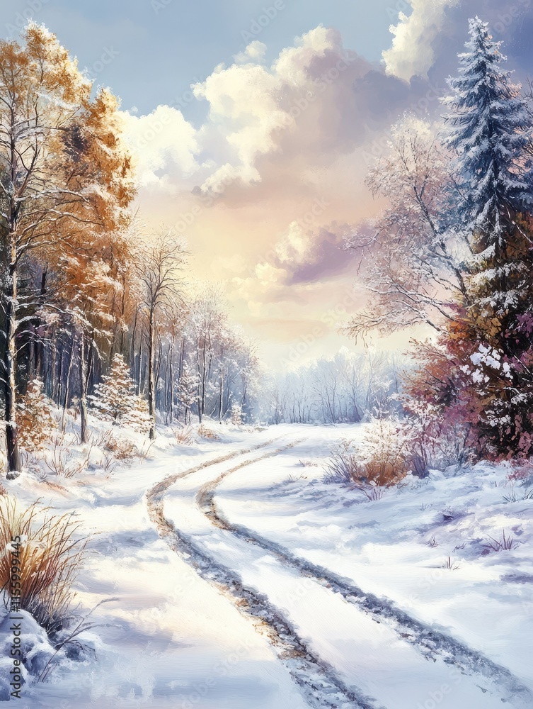 Beautiful snowy road in winter landscape Beautiful snowy road in winter landscape