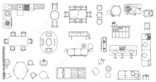 Top view of set furniture elements outline symbol for dining room, office, cafe, kitchen and living room. Interior icon chair, sink, table and sofa.