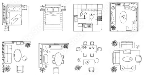 Top view of set furniture elements outline symbol for bedroom, kitchen, bathroom, dining room and living room. Interior icon bed, chair, table and sofa.
