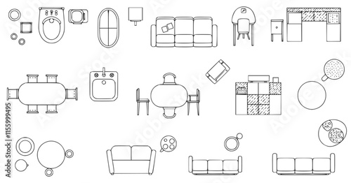 Top view of set furniture elements outline symbol for dining room, office, cafe, kitchen and living room. Interior icon chair, sink, table and sofa.