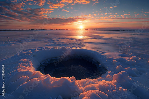 Early morning ice fishing hole drilled in a frozen landscape serene winter scene photo