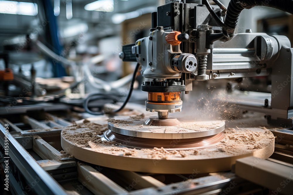 CNC milling machine cutting wood in factory. Small depth of field. Copy space CNC milling machine cutting wood in factory. Small depth of field. Copy space