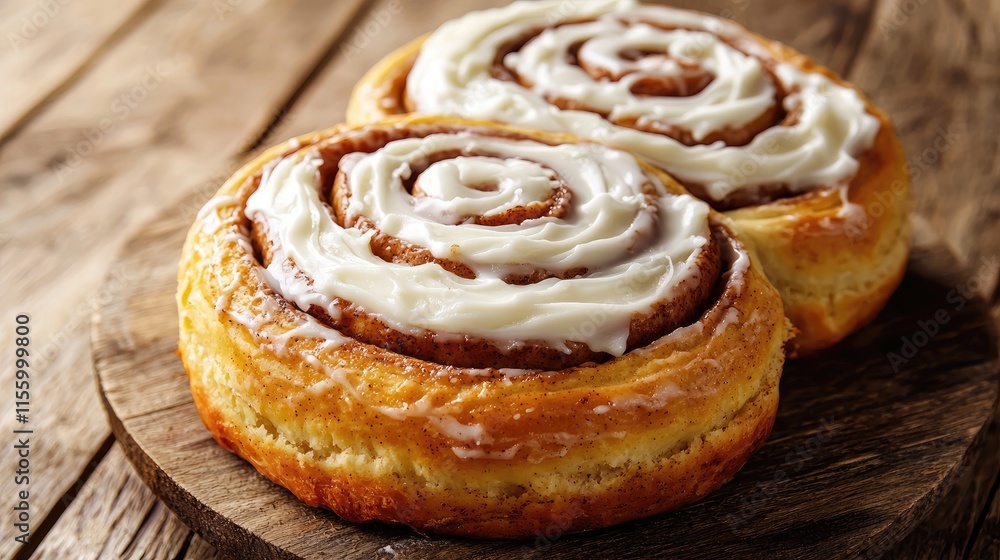 Delicious Cinnamon Rolls with Creamy Icing on Rustic Wooden Board in Warm Natural Light Delicious Cinnamon Rolls with Creamy Icing on Rustic Wooden Board in Warm Natural Light